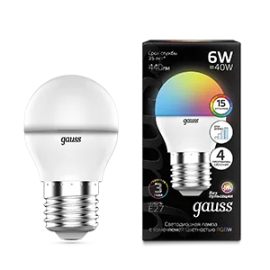 Лампа Gauss Шар G45 6W E27 RGBW+димирование LED 1/100