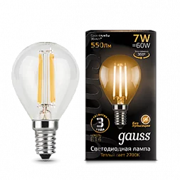 Лампа Gauss Filament Шар 7W 550lm 2700К Е14 LED 1/10/50