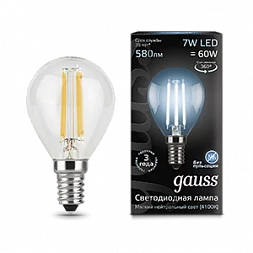 Лампа Gauss Filament Шар 7W 580lm 4100К Е14 LED 1/10/50