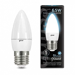 Лампа Gauss Свеча 6.5W 550lm 4100К E27 LED 1/10/100