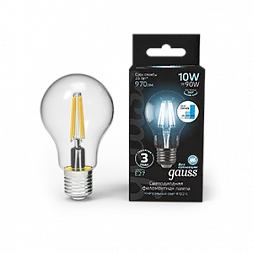 Лампа Gauss Filament А60 10W 970lm 4100К Е27 шаг. диммирование LED 1/10/40