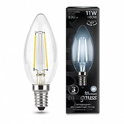 Лампа Gauss Filament Свеча 11W 830lm 4100К Е14 LED 1/10/50