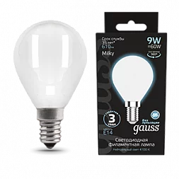 Лампа Gauss Filament Шар 9W 610lm 4100К Е14 milky LED 1/10/50