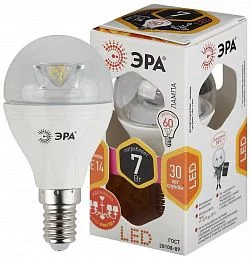 Лампочка светодиодная ЭРА LED P45-7W-827-E14-Clear E14 / Е14 7Вт шар теплый белый свет